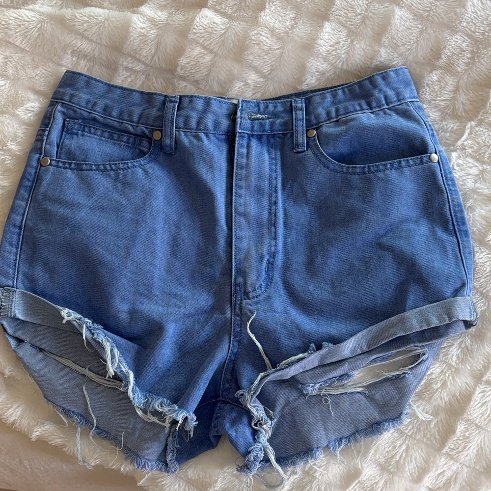 Princess Polly Blue Jean Shorts with Distressed Hem